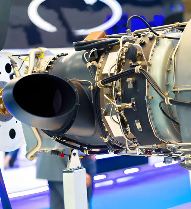 A detailed side view of a complex jet engine with a propeller, representing the aerospace components that benefit from ARKA's PVD coatings for enhanced performance and durability.
