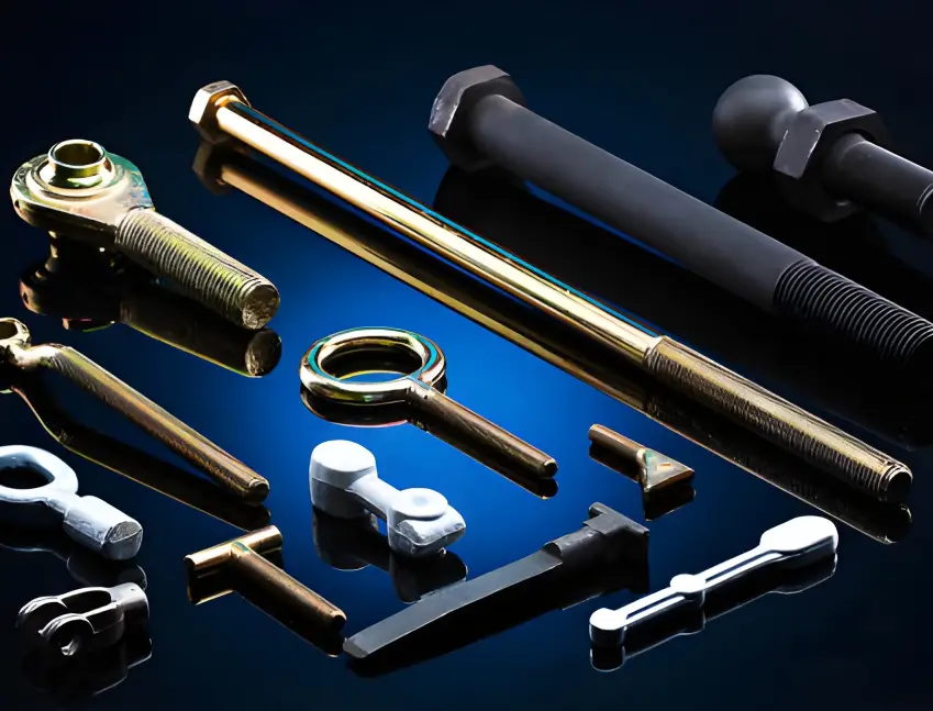 A collection of PVD-coated aerospace fasteners and bolts of various sizes and shapes, which gain superior hardness and anti-corrosion properties from ARKA's coatings.