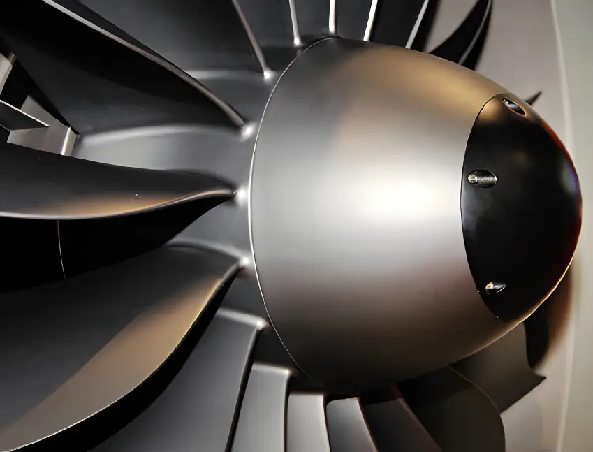 A close-up view of a large aircraft engine fan with multiple turbine blades, representing the avionics and structural components that benefit from ARKA's PVD coatings for performance and reliability.