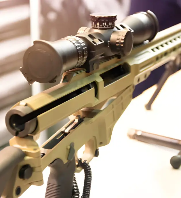A close-up shot of a modern sniper rifle with a telescopic sight, representing the defense equipment that benefits from ARKA's PVD coatings for unmatched quality and reliability.