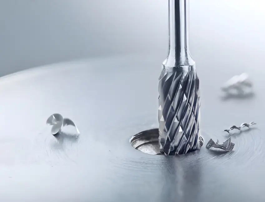 A close-up of a PVD-coated end mill cutting tool creating a hole in a metal surface, with metal shavings visible nearby.