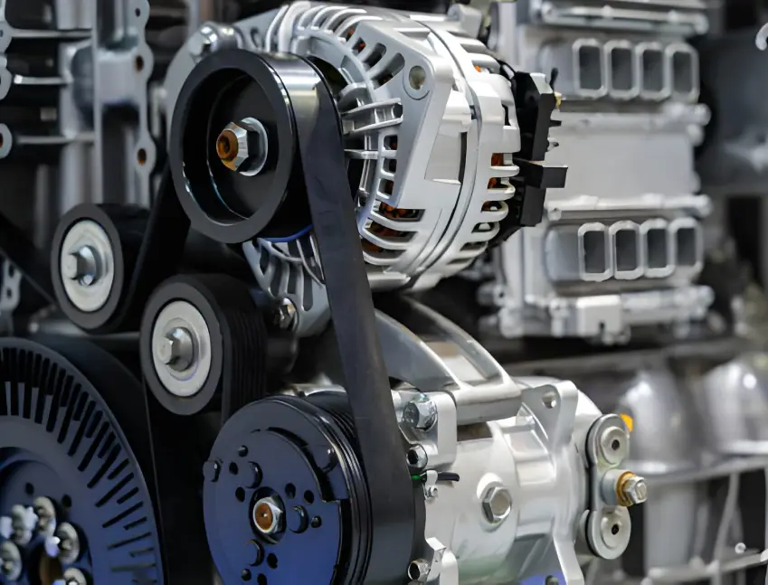 A detailed view of an automotive engine's front pulleys and belts, which are protected by ARKA's surface treatments for durability.