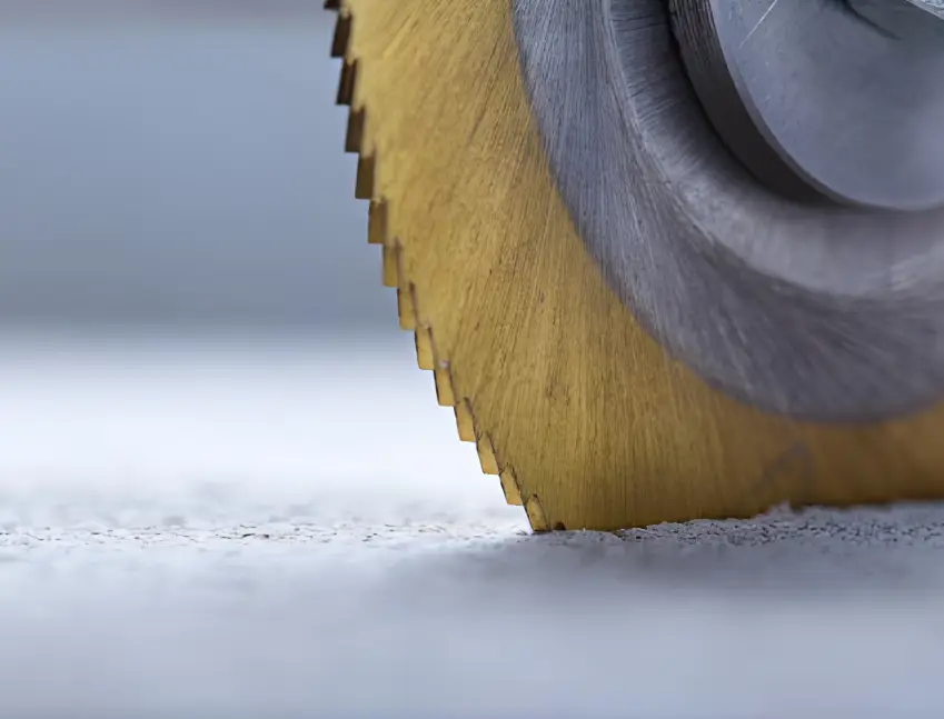 Close-up of a coated end mill saw blade cutting through surface, showing wear resistance and abrasion protection