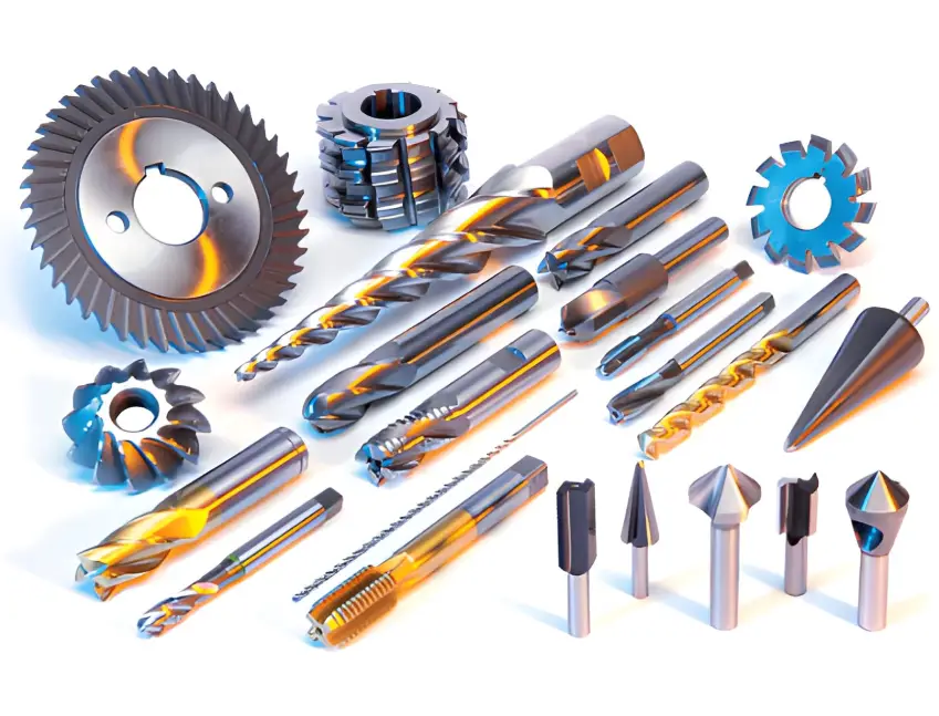 A collection of coated HSS and carbide cutting tools including drills, end mills, taps, and countersinks for enhanced hardness and durability