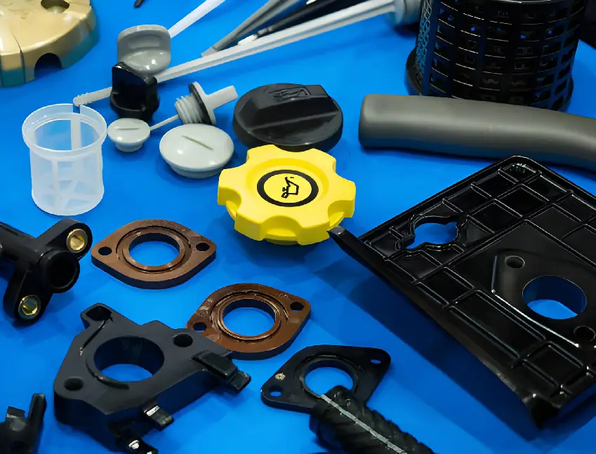 Various molded plastic and rubber components made with PVD-coated injection molding tools