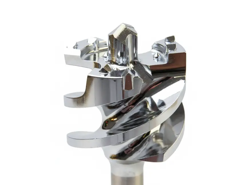 A close-up of a polished metal cutting tool with a spiral design, representing a high-speed machining tool enhanced with Aluminum Chromium Nitride (AlCrN) coating for long-lasting tool life and resistance to heat and wear.