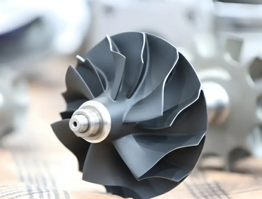 A close-up of a dark grey, high-performance turbine wheel (likely a turbocharger part) coated with Aluminum Titanium Nitride (AlTiN) to improve wear resistance and oxidation at high temperatures.