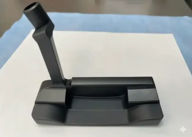 A detailed close-up of a black PVD-coated golf putter head with a modern design, highlighting the smooth, flawless finish and showcasing the coating's durability and aesthetic appeal.