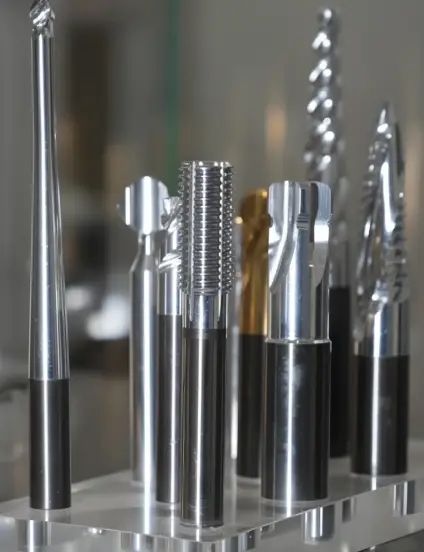 A display of precision forming tools and milling cutters featuring a highly reflective chrome finish for enhanced durability and performance.