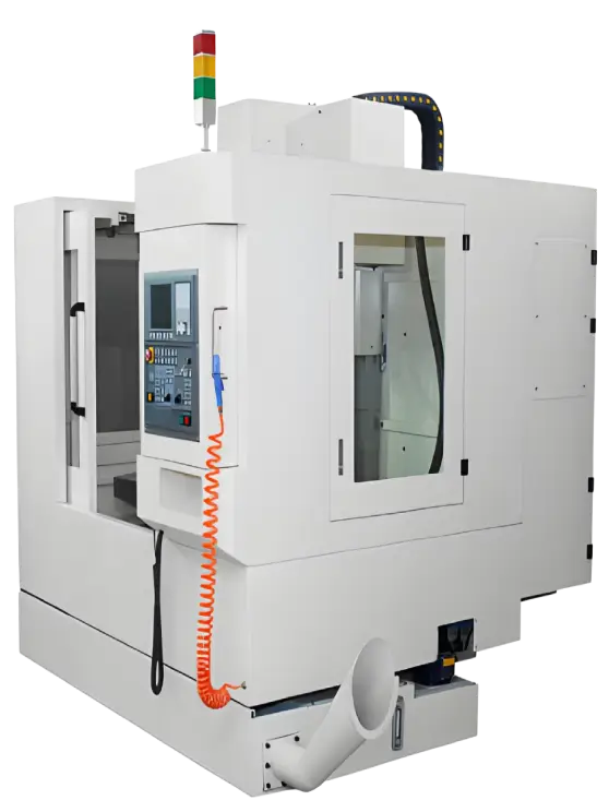 White CNC Vertical Machining Center (VMC) with control panel and status light tower for precision milling and drilling.