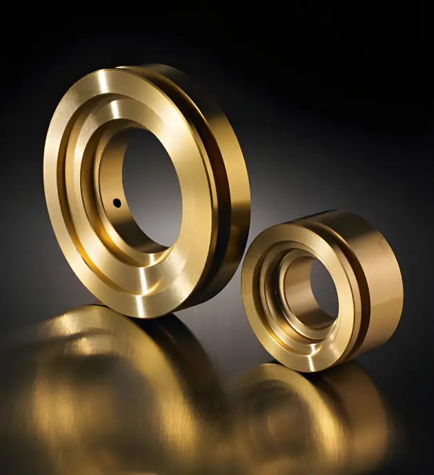 Two precision-machined industrial rings or bushings with a polished gold-tone or brass finish, reflecting light on a dark background.
