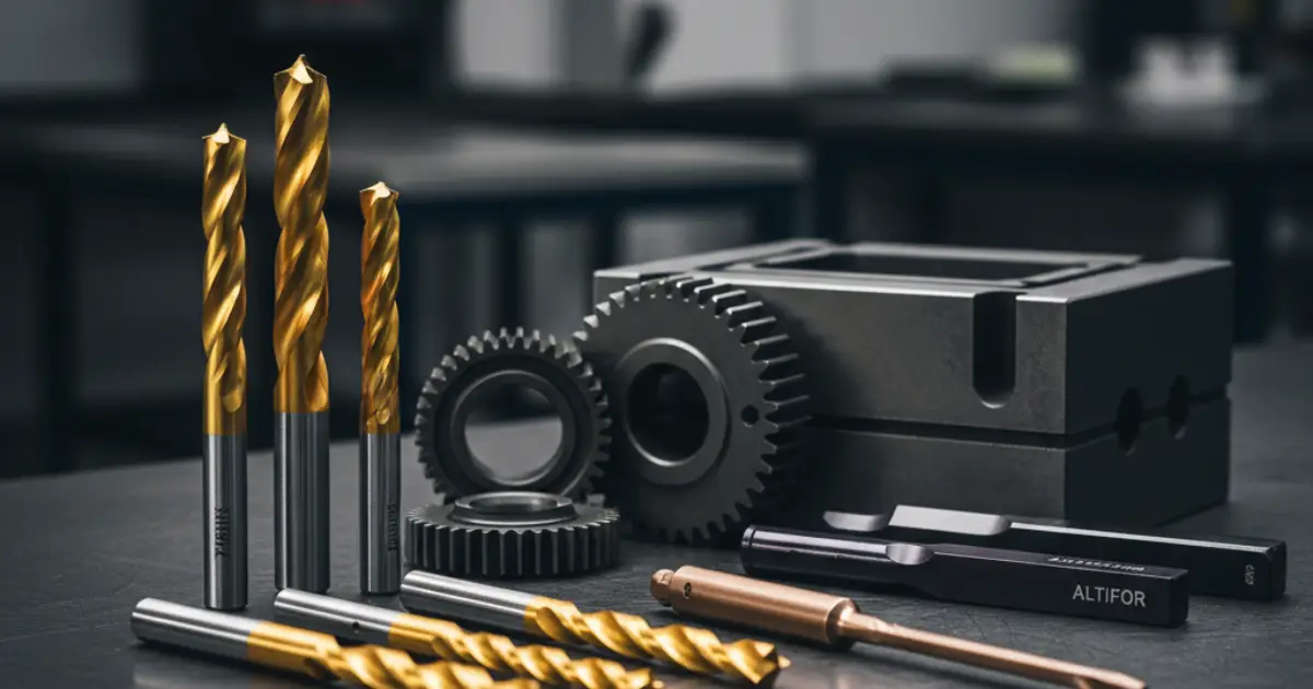 Collection of PVD-coated cutting tools, including golden drill bits, carbide inserts, gears, and ALTIFOR-branded dies.