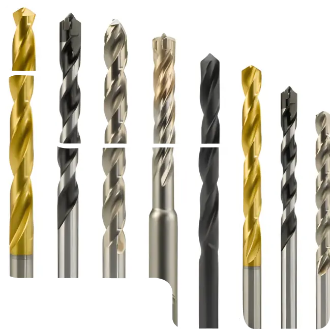 A collage image showing various types of metal drills, including gold and black PVD-coated finishes, illustrating the enhanced performance and durability of PVD-coated cutting tools.