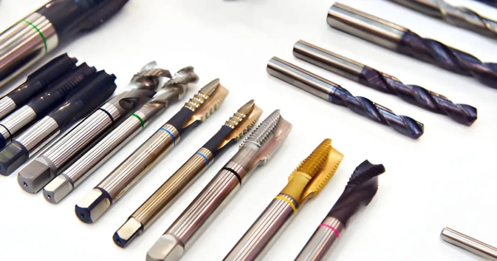 Close-up of high-performance coated carbide and HSS cutting tools, including specialized drills and machine taps for precision machining.