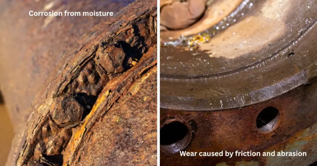 Corrosion from moisture causing severe rust damage on industrial metal components