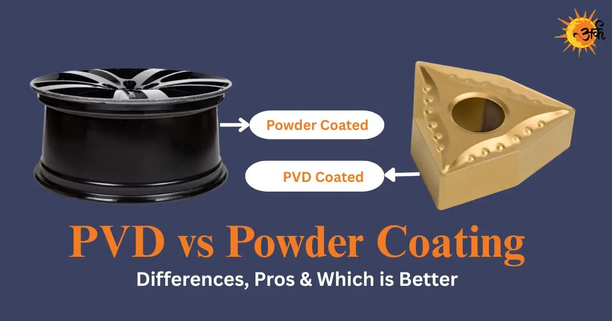 PVD vs powder coating comparison showing coated cutting tool insert and powder coated metal wheel with differences in finish and application