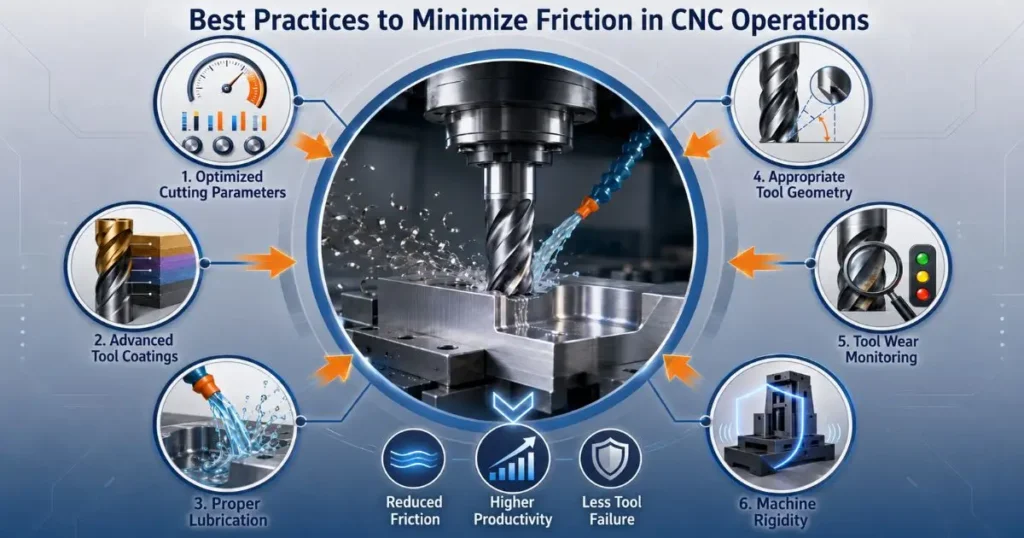 Infographic showing best practices to minimize friction in CNC operations, with a central CNC machining scene surrounded by labeled practices including optimized cutting parameters, advanced tool coatings, proper lubrication, appropriate tool geometry, tool wear monitoring, and machine rigidity, plus benefits such as reduced friction, higher productivity, and less tool failure.