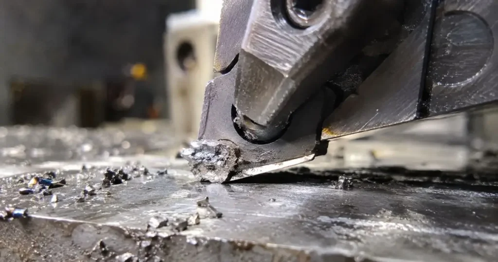 Close-up of a carbide cutting tool during CNC machining with built-up edge formation, showing adhered workpiece material on the cutting edge, broken metal chips, and an uneven machined surface.