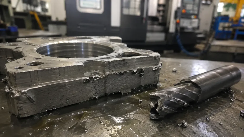 Chipped CNC cutting tool lying beside a defective machined metal component with rough edges, burrs, coolant marks, and scattered metal chips in a machine shop.