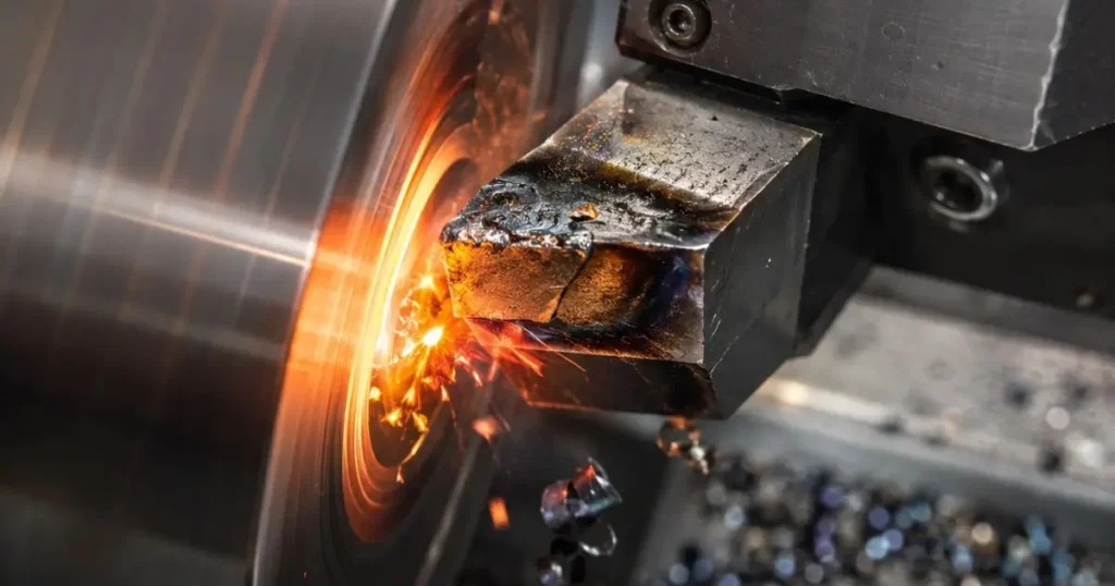 Realistic close-up of a worn cutting tool generating sparks and intense heat while machining a rotating metal workpiece, showing how heat accelerates tool wear.