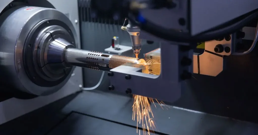 High-speed industrial machining process generating sparks during metal cutting operations