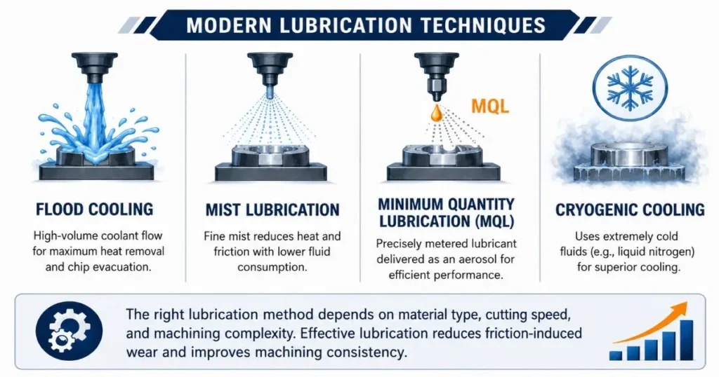Infographic titled “Modern Lubrication Techniques” showing four CNC lubrication methods: flood cooling, mist lubrication, minimum quantity lubrication (MQL), and cryogenic cooling, with a note explaining that the right lubrication method depends on material type, cutting speed, and machining complexity.