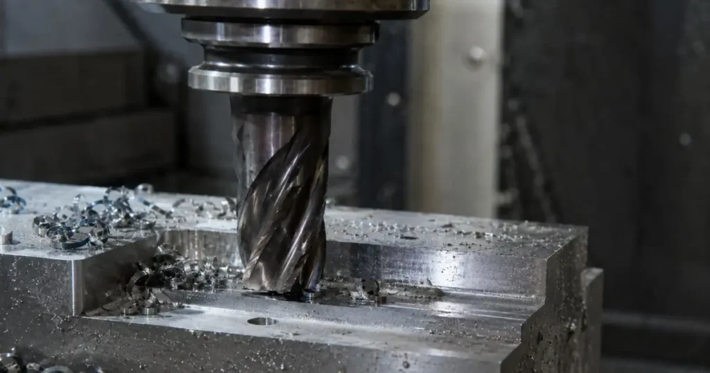 Close-up of a coated carbide end mill machining a metal workpiece, showing smooth chip flow, coolant residue, clean surface finish, and improved wear resistance in high-speed CNC machining.