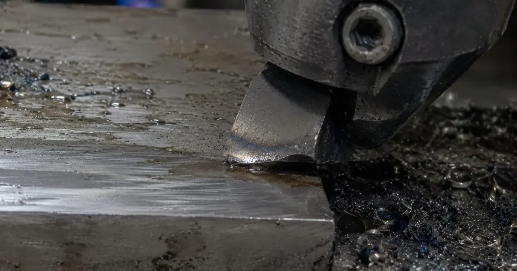 Close-up of a heat-discolored cutting insert machining metal, showing thermal fatigue, coolant residue, rough tool marks, and scattered metal chips in a CNC machine shop.