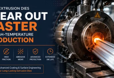 An informative blog banner graphic titled 'Why Extrusion Dies Wear Out Faster in High-Temperature Production.' The right side shows a close-up of a heavy-duty industrial extrusion machine with a glowing, hot aluminum profile passing through the die. The bottom left features five technical icons labeled: Extreme Heat, High Friction, Abrasive Wear, Advanced Protection, and Extended Die Life, alongside a sub-text box that reads 'Advanced Coating & Surface Engineering for Long-Lasting Extrusion Dies.' A sun-shaped brand logo sits in the upper right corner.