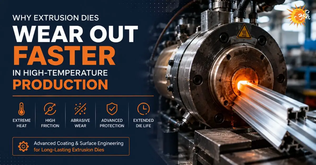 An informative blog banner graphic titled 'Why Extrusion Dies Wear Out Faster in High-Temperature Production.' The right side shows a close-up of a heavy-duty industrial extrusion machine with a glowing, hot aluminum profile passing through the die. The bottom left features five technical icons labeled: Extreme Heat, High Friction, Abrasive Wear, Advanced Protection, and Extended Die Life, alongside a sub-text box that reads 'Advanced Coating & Surface Engineering for Long-Lasting Extrusion Dies.' A sun-shaped brand logo sits in the upper right corner.