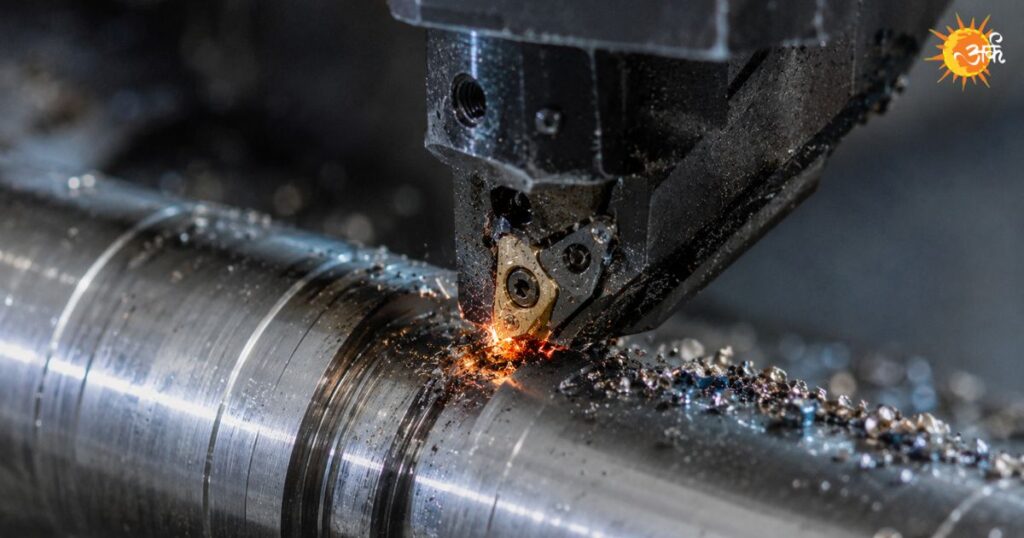 Close-up of a CNC lathe machine performing a metal turning operation on a steel shaft, featuring a gold carbide insert generating sparks and metal shavings during high-speed cutting.