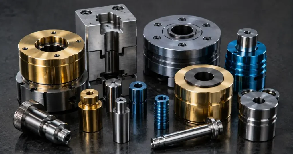 An array of custom precision-machined industrial tool and die components displayed on a dark workstation surface, featuring steel mold blocks, circular assemblies with golden brass rings, blue anodized metal pins, and various threaded steel dowels and cylinders.