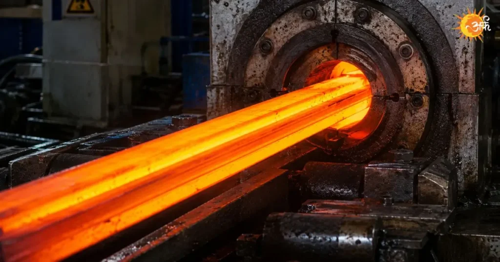 Close-up of a heavy-duty industrial extrusion press machine in operation, showing a glowing, bright orange hot metal profile emerging from a circular die assembly on a factory production line.
