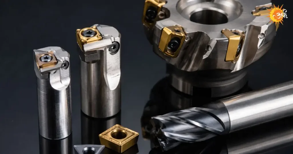 A collection of precision CNC milling tools including indexable face mills, end mills, solid carbide end mills, and interchangeable gold-coated carbide turning inserts on a reflective black background.