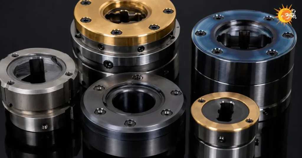 A collection of precision-machined metal industrial components and modular extrusion die parts arranged on a reflective black background, featuring steel bodies, golden brass accent rings, and internal spline keyways secured by hex bolts.