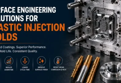 Infographic showing surface engineering solutions for plastic injection molds. Features an industrial mold alongside coated components, highlighting benefits: extend mold life, reduce downtime, lower cycle time, improve surface finish, and resist wear, corrosion, and heat.