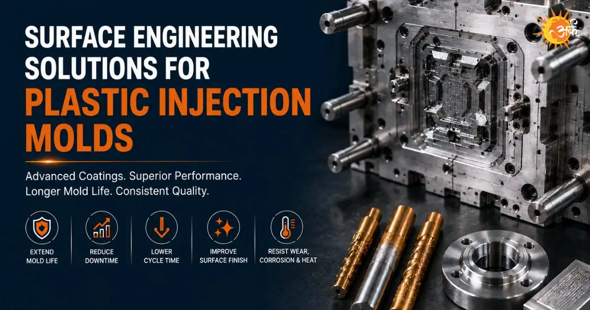 Infographic showing surface engineering solutions for plastic injection molds. Features an industrial mold alongside coated components, highlighting benefits: extend mold life, reduce downtime, lower cycle time, improve surface finish, and resist wear, corrosion, and heat.