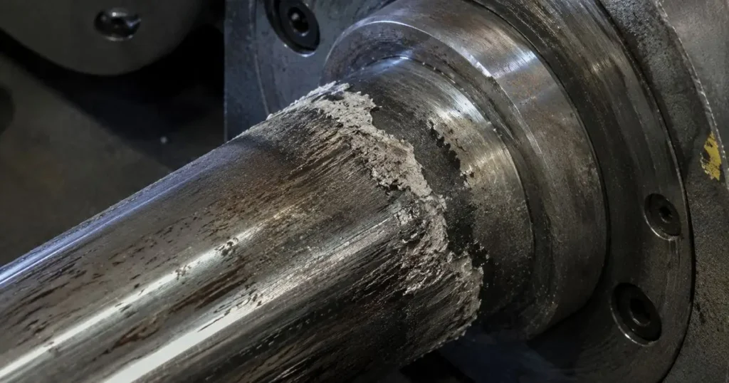 Close-up of severe adhesive wear and galling damage on a cylindrical metal machinery shaft near a bearing housing, showing rough, torn metal surfaces and material transfer caused by high friction.