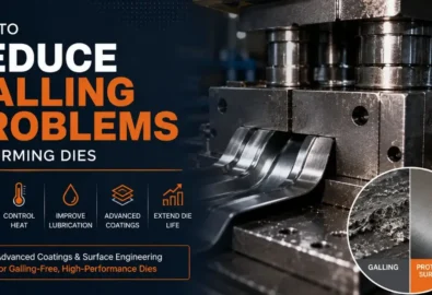 An educational industrial banner graphic titled 'How to Reduce Galling Problems in Forming Dies.' The right side shows a metal sheet stamping press machine in operation. An inset circle compares a rough surface damaged by galling to a smooth, protected metal surface. The bottom left includes five technical icons labeled: Reduce Friction, Control Heat, Improve Lubrication, Advanced Coatings, and Extend Die Life, alongside a sub-text box that reads 'Advanced Coatings & Surface Engineering for Galling-Free, High-Performance Dies.' A sun-shaped brand logo is placed in the top right corner.