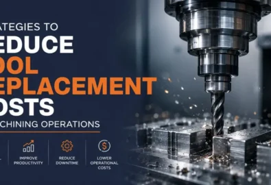 An informative banner graphic titled 'Strategies to Reduce Tool Replacement Costs in Machining Operations.' The right side features a close-up of a CNC milling machine precision-cutting metal, creating flying chips. The bottom section displays four industrial icons highlighting key benefits: Extend Tool Life, Improve Productivity, Reduce Downtime, and Lower Operational Costs. A sun-shaped brand logo appears in the top right corner.