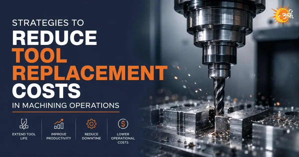 An informative banner graphic titled 'Strategies to Reduce Tool Replacement Costs in Machining Operations.' The right side features a close-up of a CNC milling machine precision-cutting metal, creating flying chips. The bottom section displays four industrial icons highlighting key benefits: Extend Tool Life, Improve Productivity, Reduce Downtime, and Lower Operational Costs. A sun-shaped brand logo appears in the top right corner.
