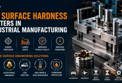 Industrial die surface hardness graphic showing a precision metal die, PVD coatings, wear and heat resistance, corrosion protection, and manufacturing applications.