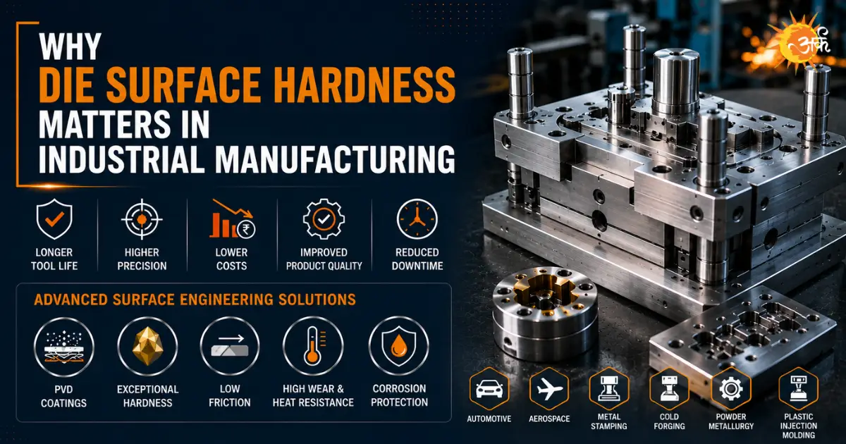 Industrial die surface hardness graphic showing a precision metal die, PVD coatings, wear and heat resistance, corrosion protection, and manufacturing applications.