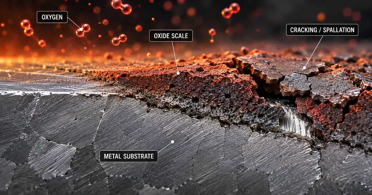 Metal substrate damaged by high-temperature oxidation with oxide scale, oxygen exposure, and cracking or spallation.