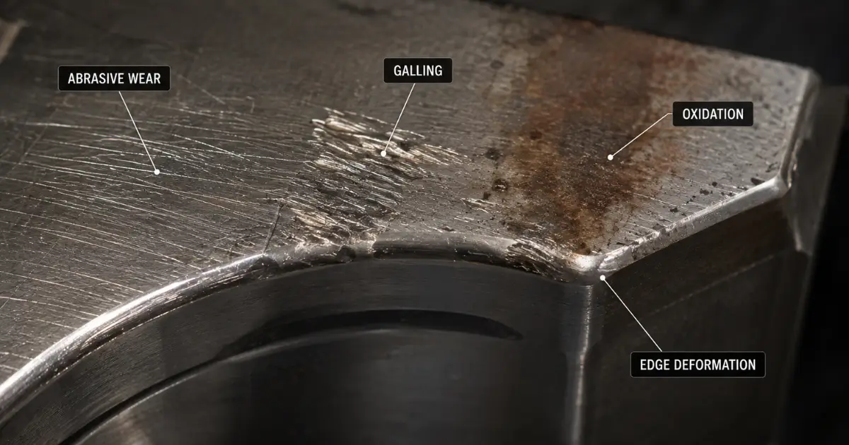 Damaged industrial die surface showing abrasive wear, galling, oxidation, and edge deformation.