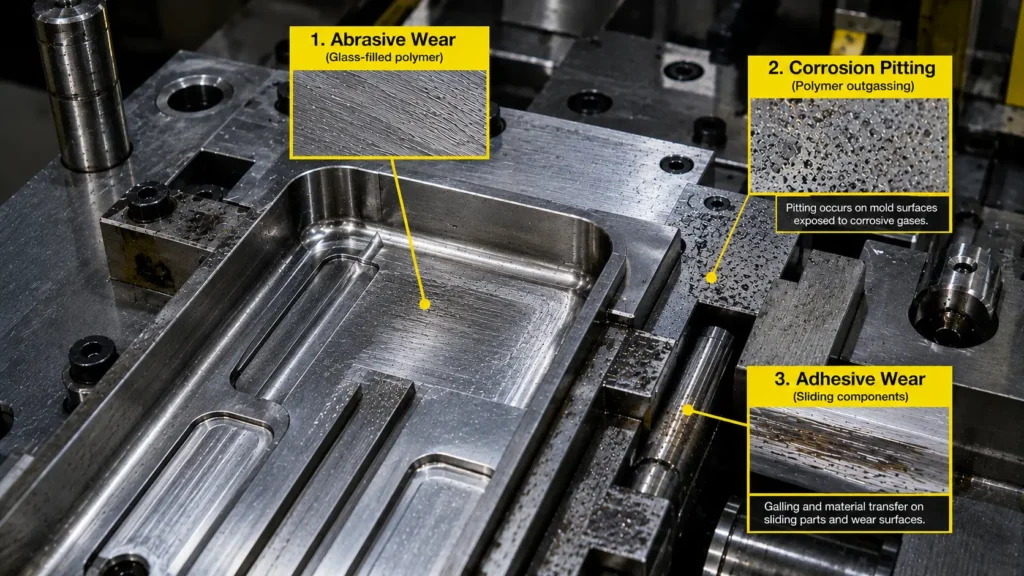 An industrial diagram pointing out common types of injection mold degradation: 1. Abrasive wear caused by glass-filled polymers, 2. Corrosion pitting from polymer outgassing, and 3. Adhesive wear and galling on sliding mechanical components.