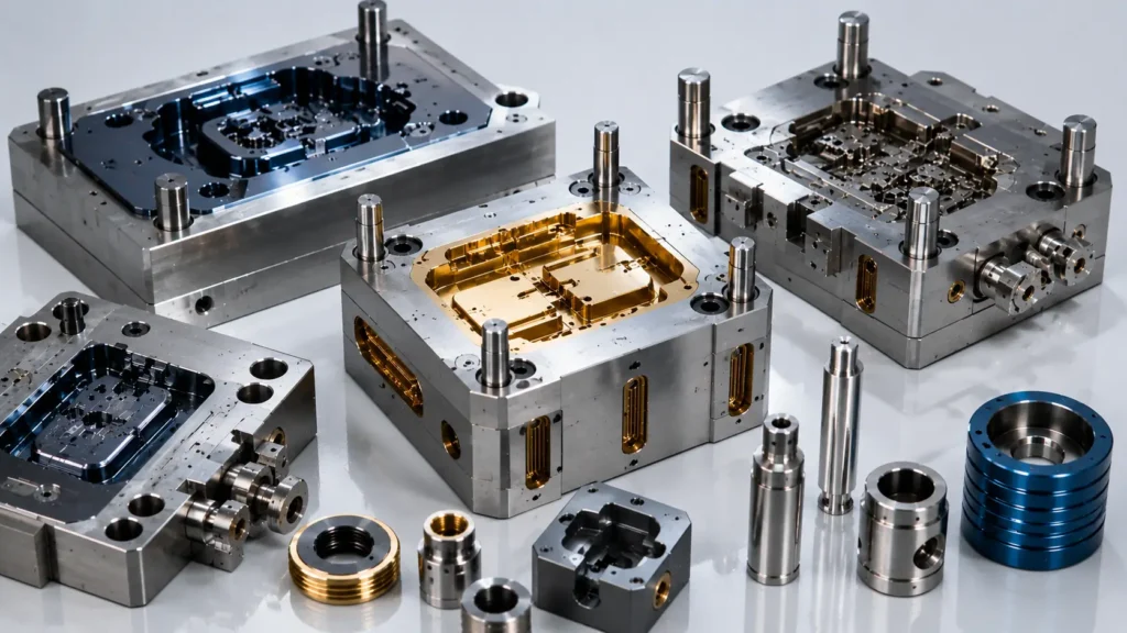 An array of precision-engineered plastic injection mold bases, core inserts, and manufacturing components showcasing various advanced surface coatings, including gold PVD coating, arranged on a clean studio background.