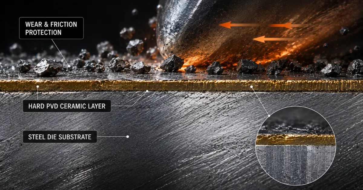 Cross-sectional illustration of a hard PVD ceramic layer protecting a steel die substrate from wear and friction.