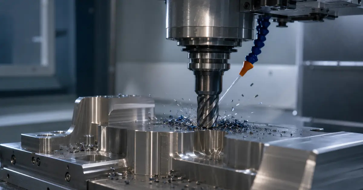 CNC milling cutter machining a precision metal aerospace component with coolant and metal chips visible around the cutting area.