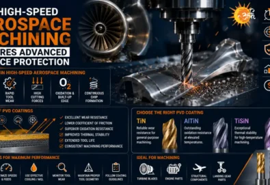 High-speed aerospace machining with a coated cutting tool, PVD coating benefits, and TiN, AlTiN, and TiSiN coating options.